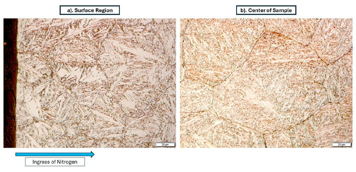 Figure 4—Micrographs of AISI 420 following a 10-hour HTSN treatment at the (a) surface region of the sample, (b) center of sample.